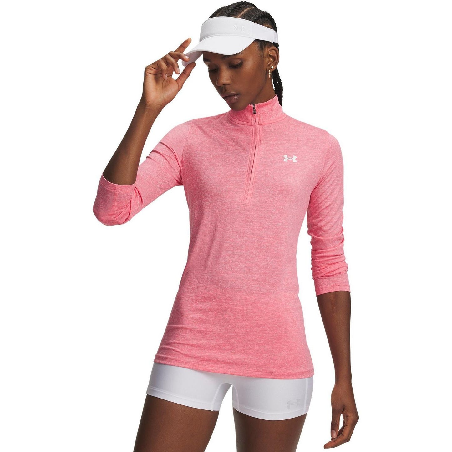 Pink-White - Front - Under Armour Womens-Ladies Tech Textured Half Zip Top