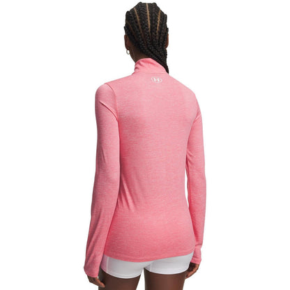Pink-White - Back - Under Armour Womens-Ladies Tech Textured Half Zip Top