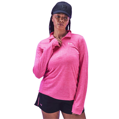 Pink-White - Side - Under Armour Womens-Ladies Tech Textured Half Zip Top