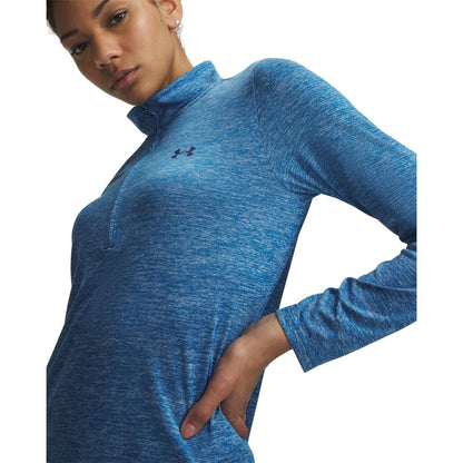Aegean Blue - Side - Under Armour Womens-Ladies Tech Textured Half Zip Top
