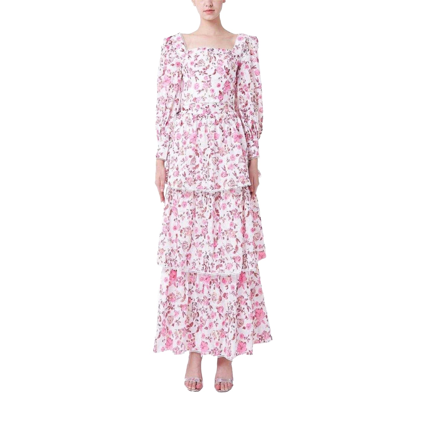 White-Fuchsia - Front - Special Occasion Womens-Ladies Floral Cut Out Regular Maxi Dress