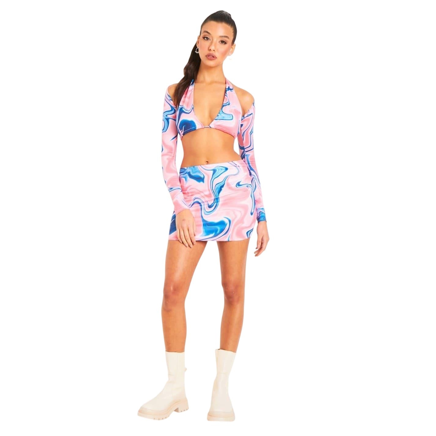 Pink - Side - Missy Empire Womens-Ladies Swirl Print Mini Skirt