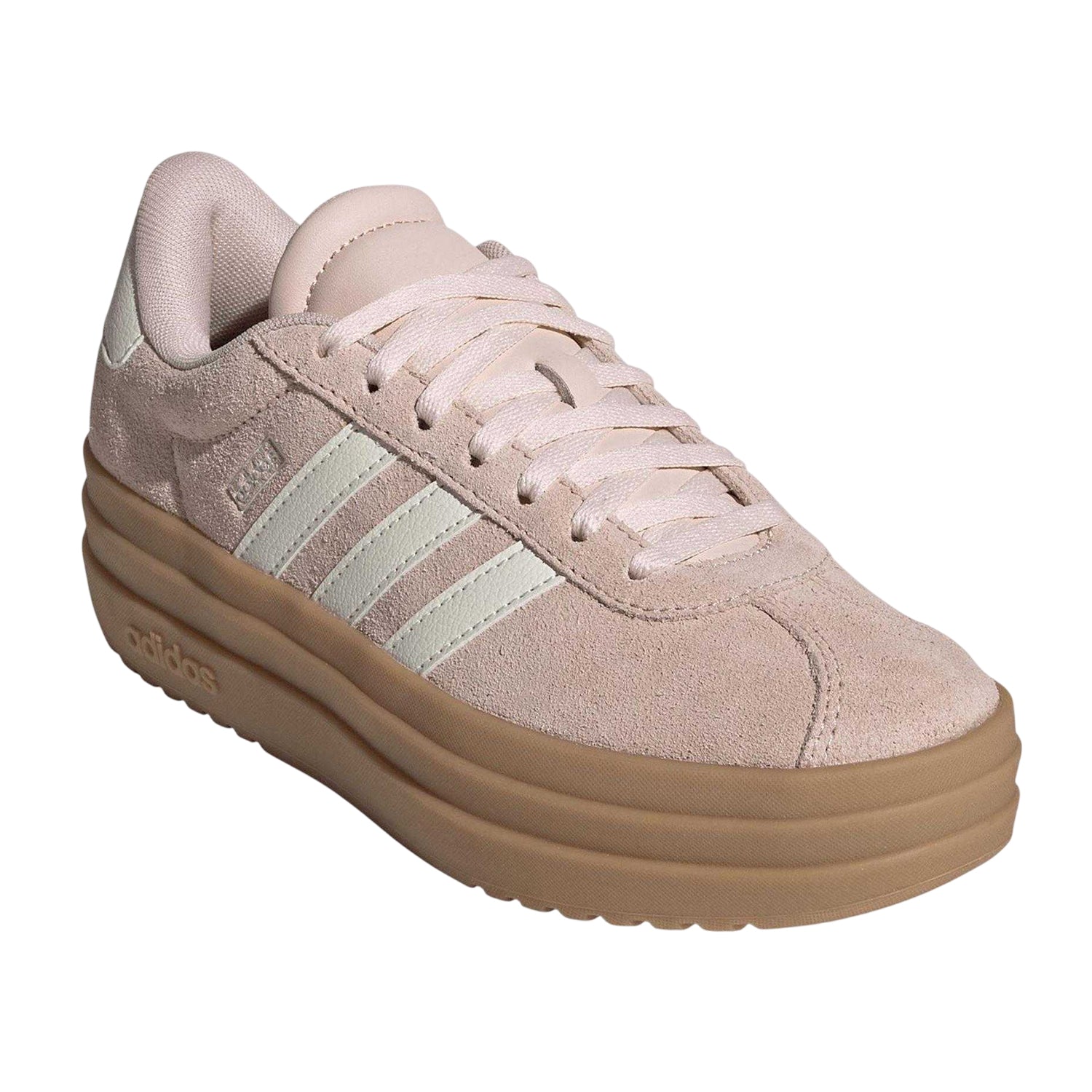 Pink-White-Gum - Side - Adidas Girls Court Bold 3 Stripes Leather Platform Trainers
