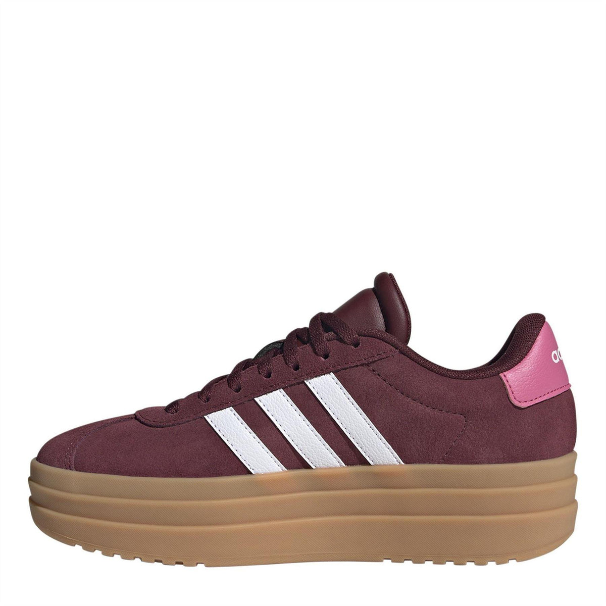 Burgundy-Rubber - Back - Adidas Girls Court Bold 3 Stripes Leather Platform Trainers