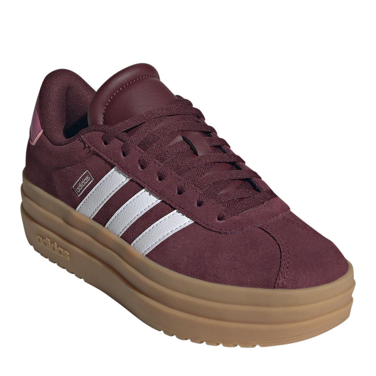 Burgundy-Rubber - Side - Adidas Girls Court Bold 3 Stripes Leather Platform Trainers
