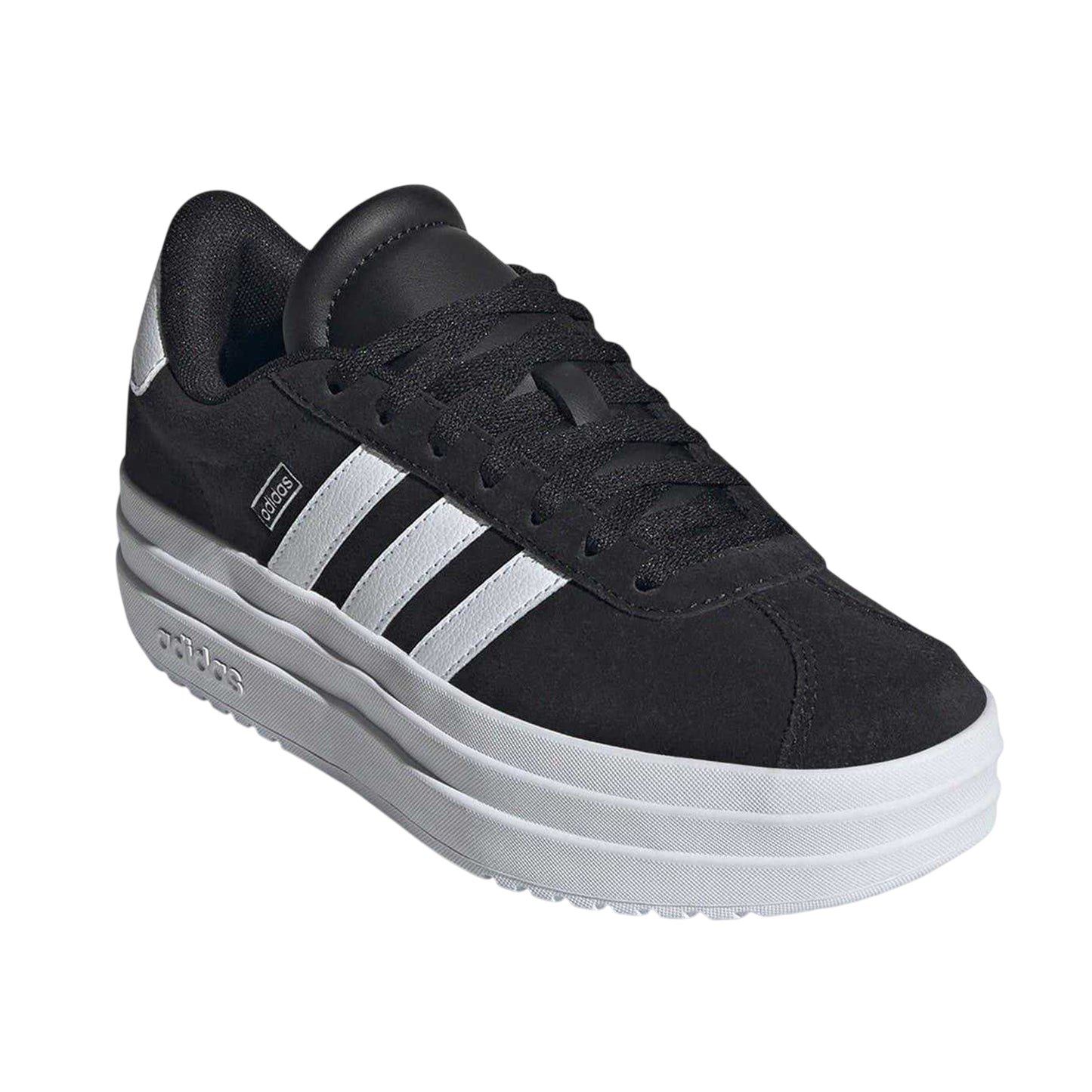 Black-White - Side - Adidas Girls Court Bold 3 Stripes Leather Platform Trainers