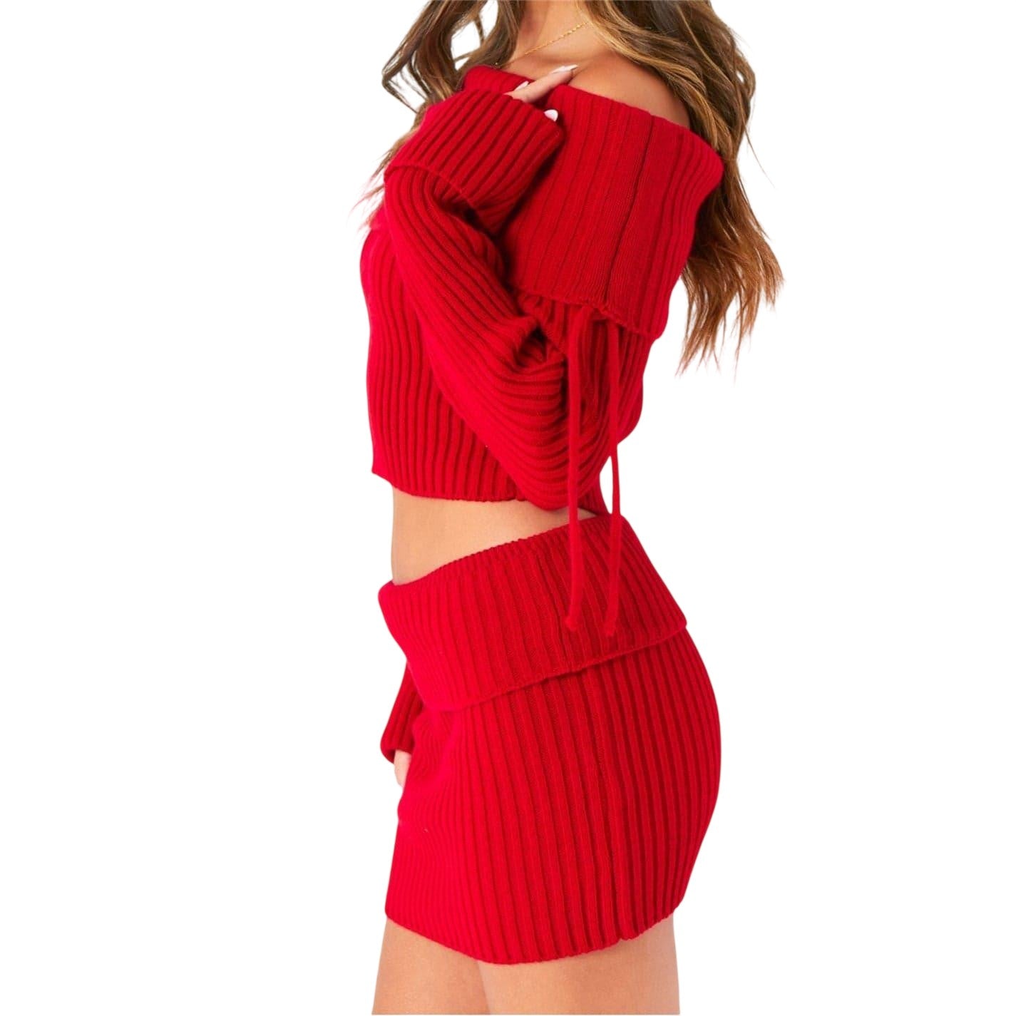 Red - Side - Missy Empire Womens-Ladies Knitted Foldover Skirt