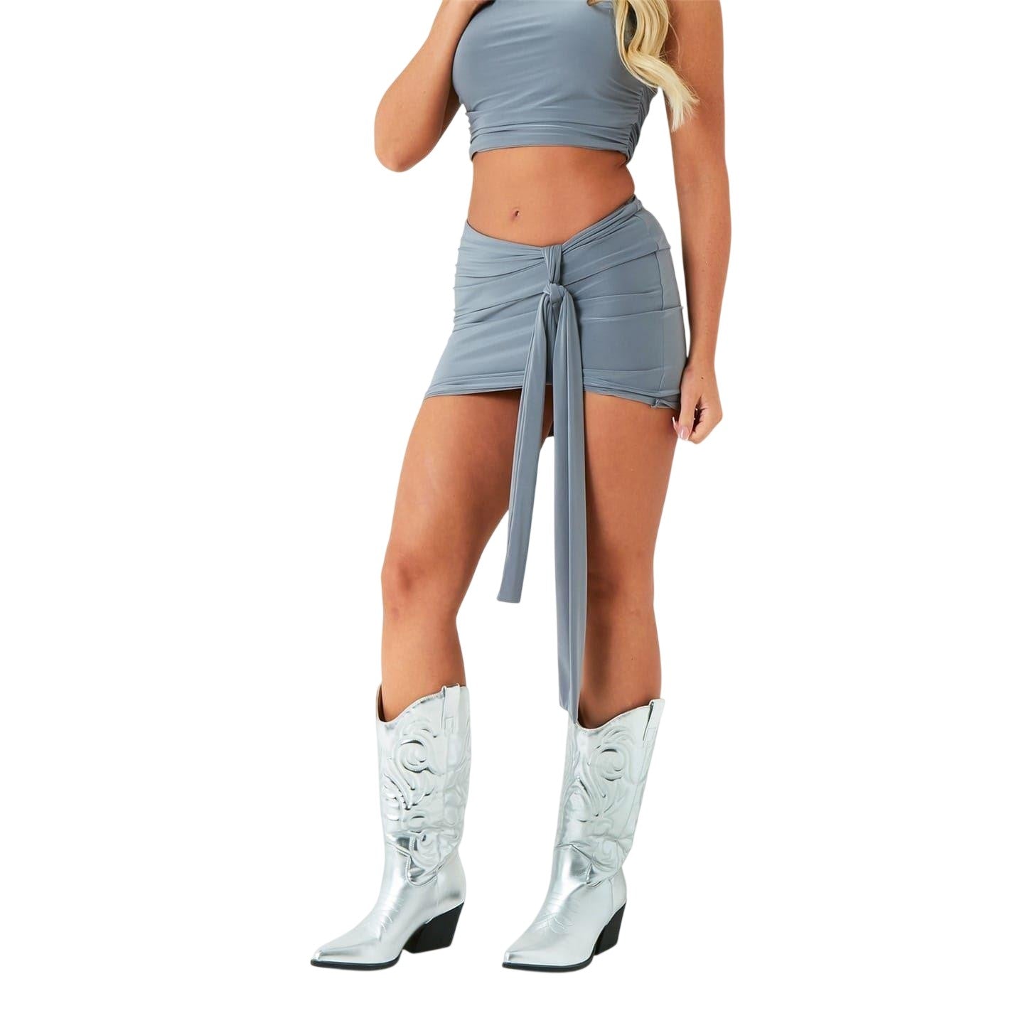 Grey - Side - Missy Empire Womens-Ladies Ruched Tie Detail Mini Skirt