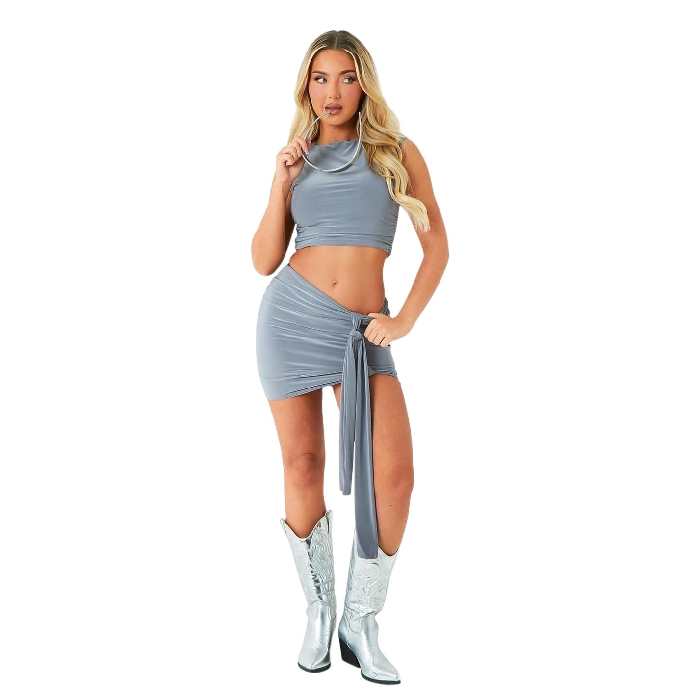 Grey - Lifestyle - Missy Empire Womens-Ladies Ruched Tie Detail Mini Skirt
