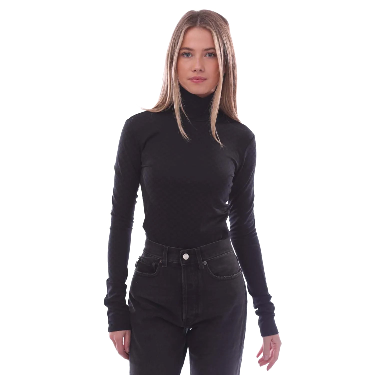 Black - Front - Ambush Womens-Ladies Mini Monogram Knitted Turtle Neck Bodysuit