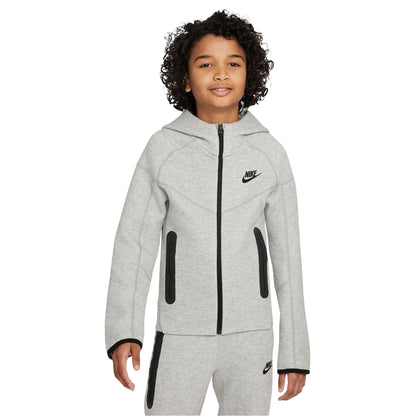 Grey-Black - Front - Nike Childrens-Kids Tech Fleece Full Zip Hoodie