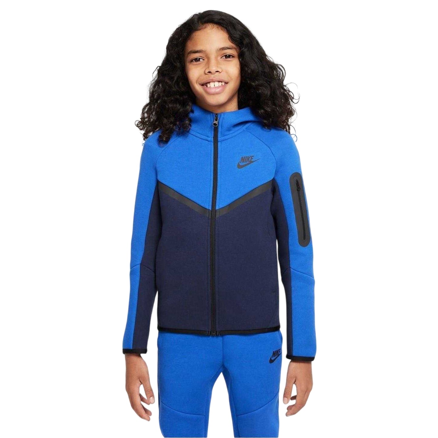 Obsidian Blue-Royal Blue - Front - Nike Childrens-Kids Tech Fleece Full Zip Hoodie