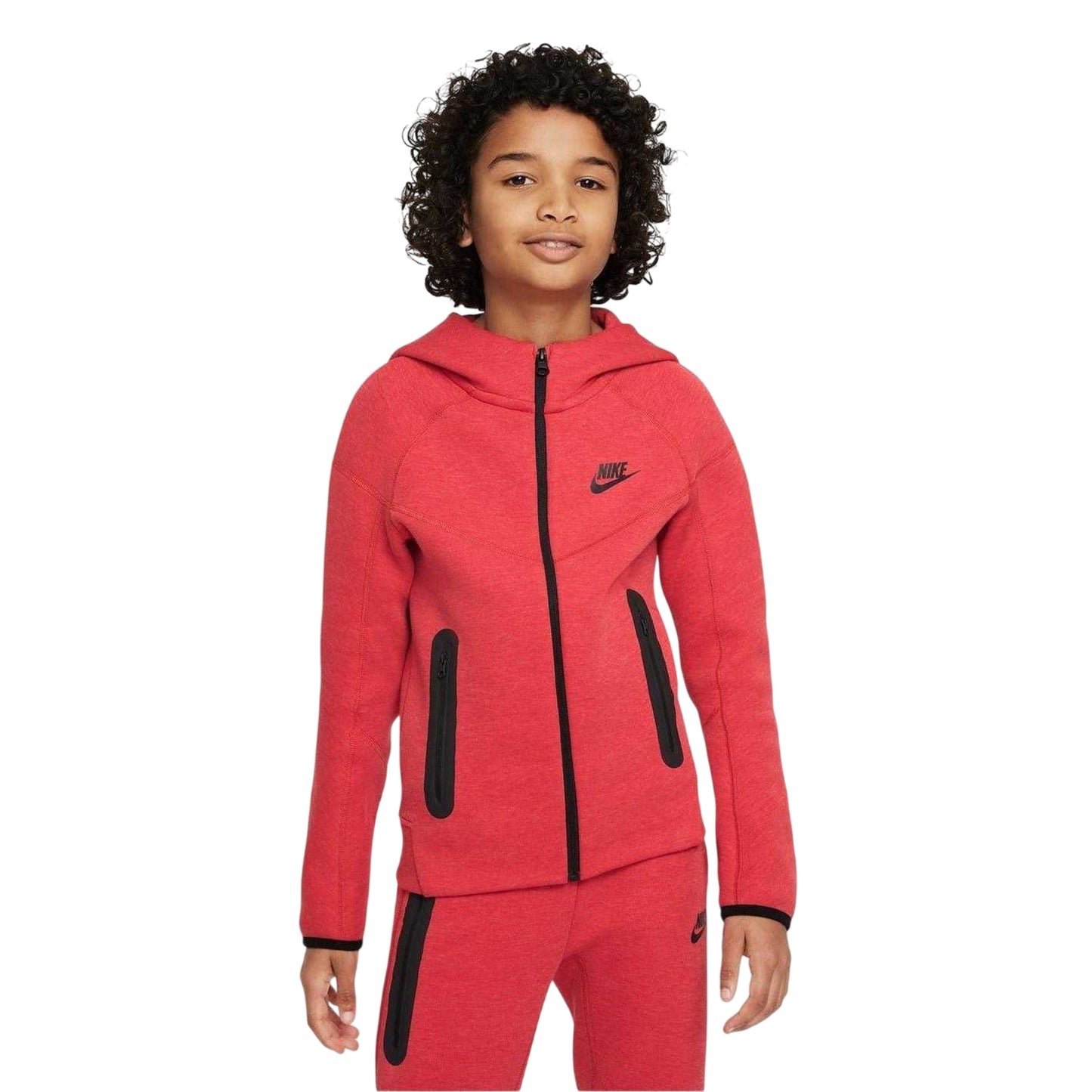 Red-Black - Front - Nike Childrens-Kids Tech Fleece Full Zip Hoodie