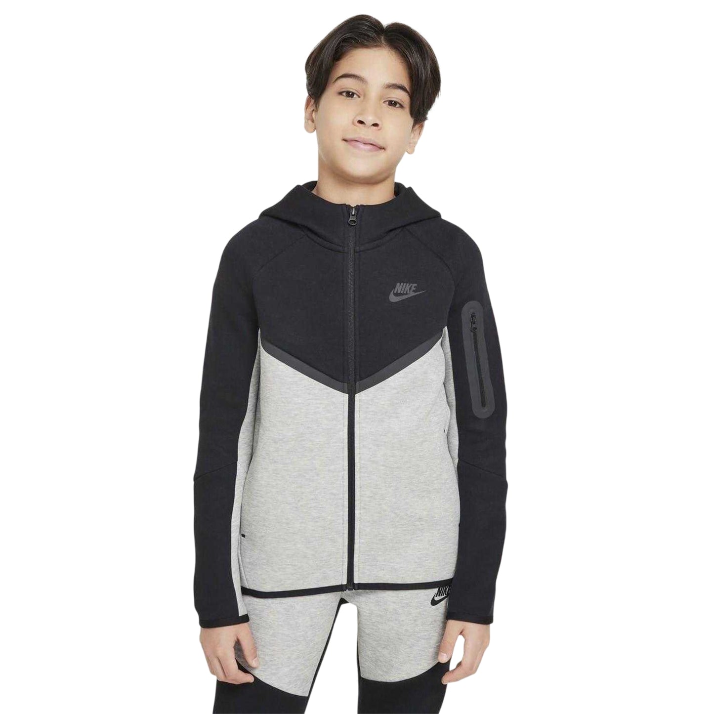 Black-Grey - Front - Nike Childrens-Kids Tech Fleece Full Zip Hoodie