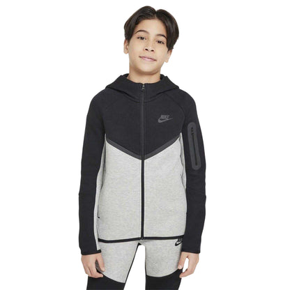 Black-Grey - Front - Nike Childrens-Kids Tech Fleece Full Zip Hoodie