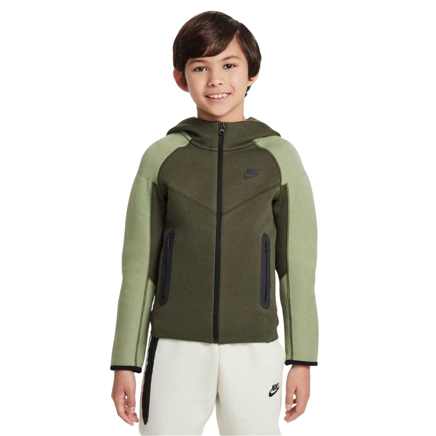 Army Khaki - Front - Nike Childrens-Kids Tech Fleece Full Zip Hoodie