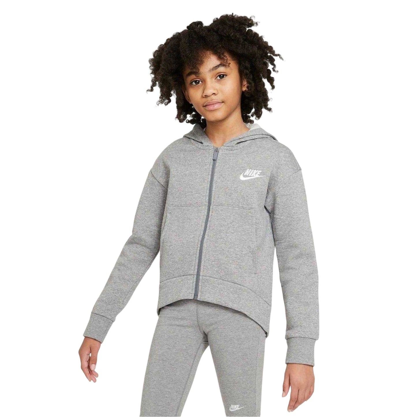 Carbon Heather - Side - Nike Girls Sportswear Club Fleece Full Zip Hoodie