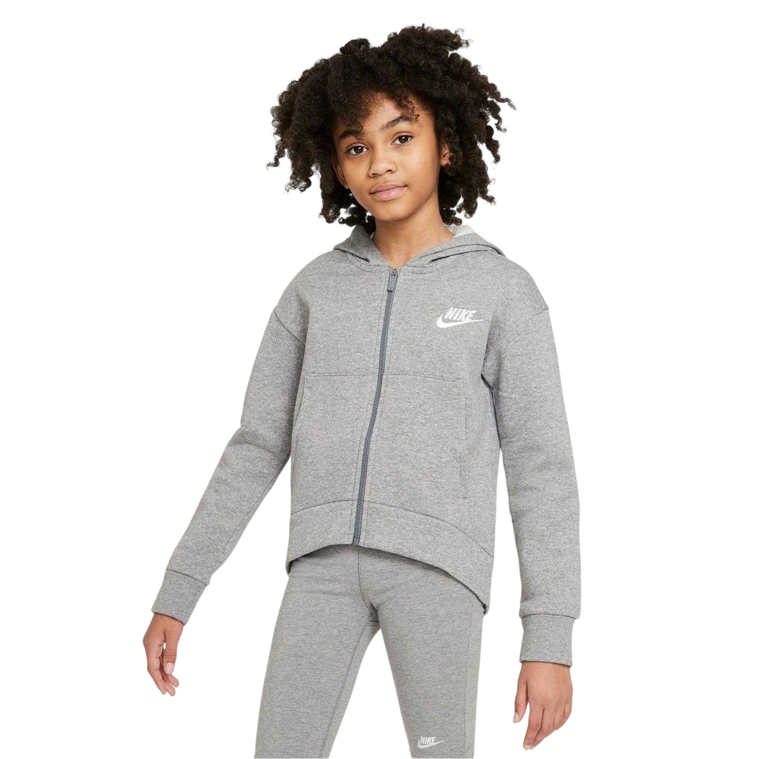 Carbon Heather - Side - Nike Girls Sportswear Club Fleece Full Zip Hoodie