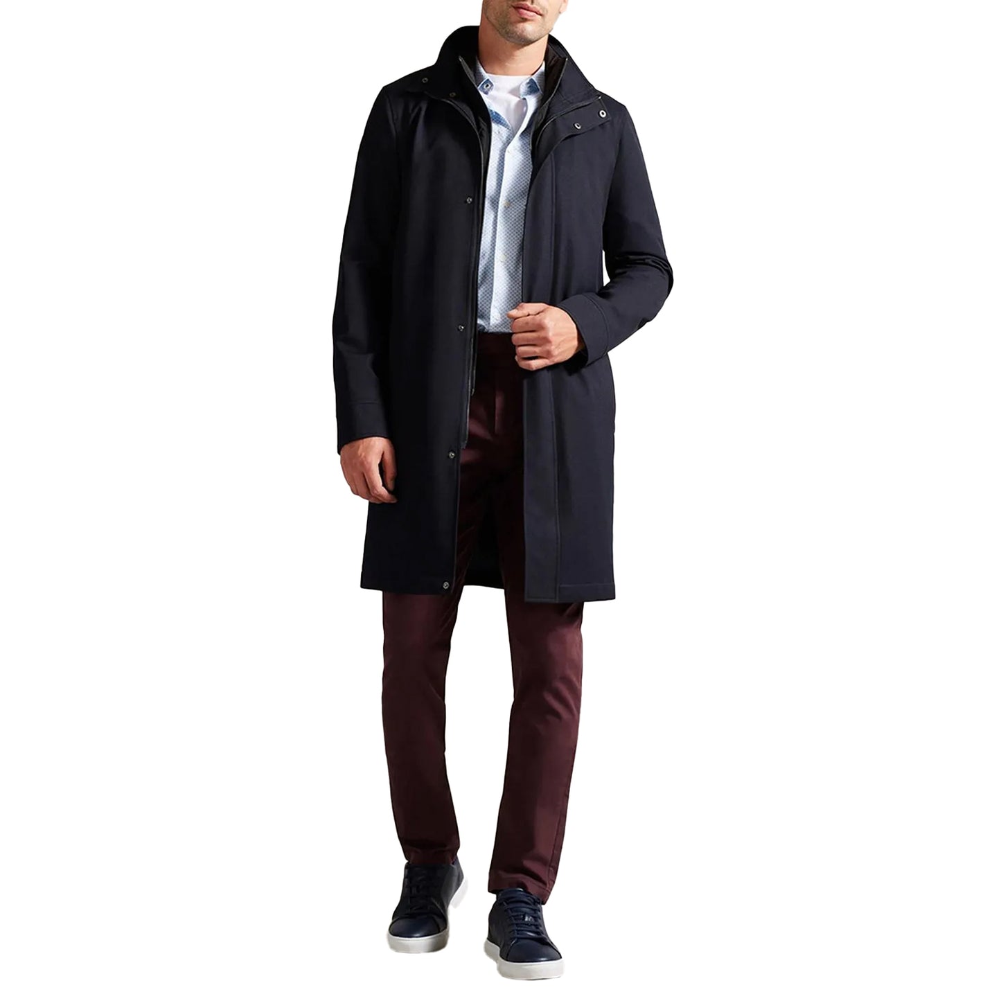 Navy - Side - Ted Baker Mens Erolson Funnel Neck Coat