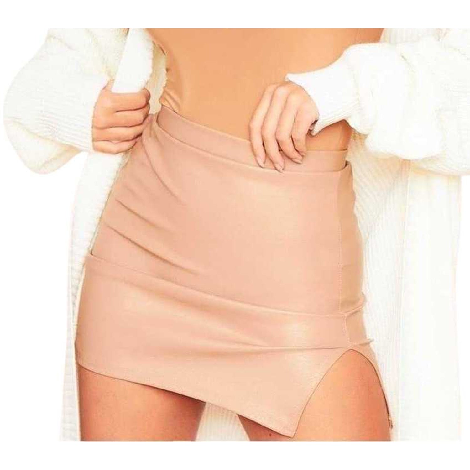 Camel - Back - Missy Empire Womens-Ladies Split Hem Fitted Mini Skirt