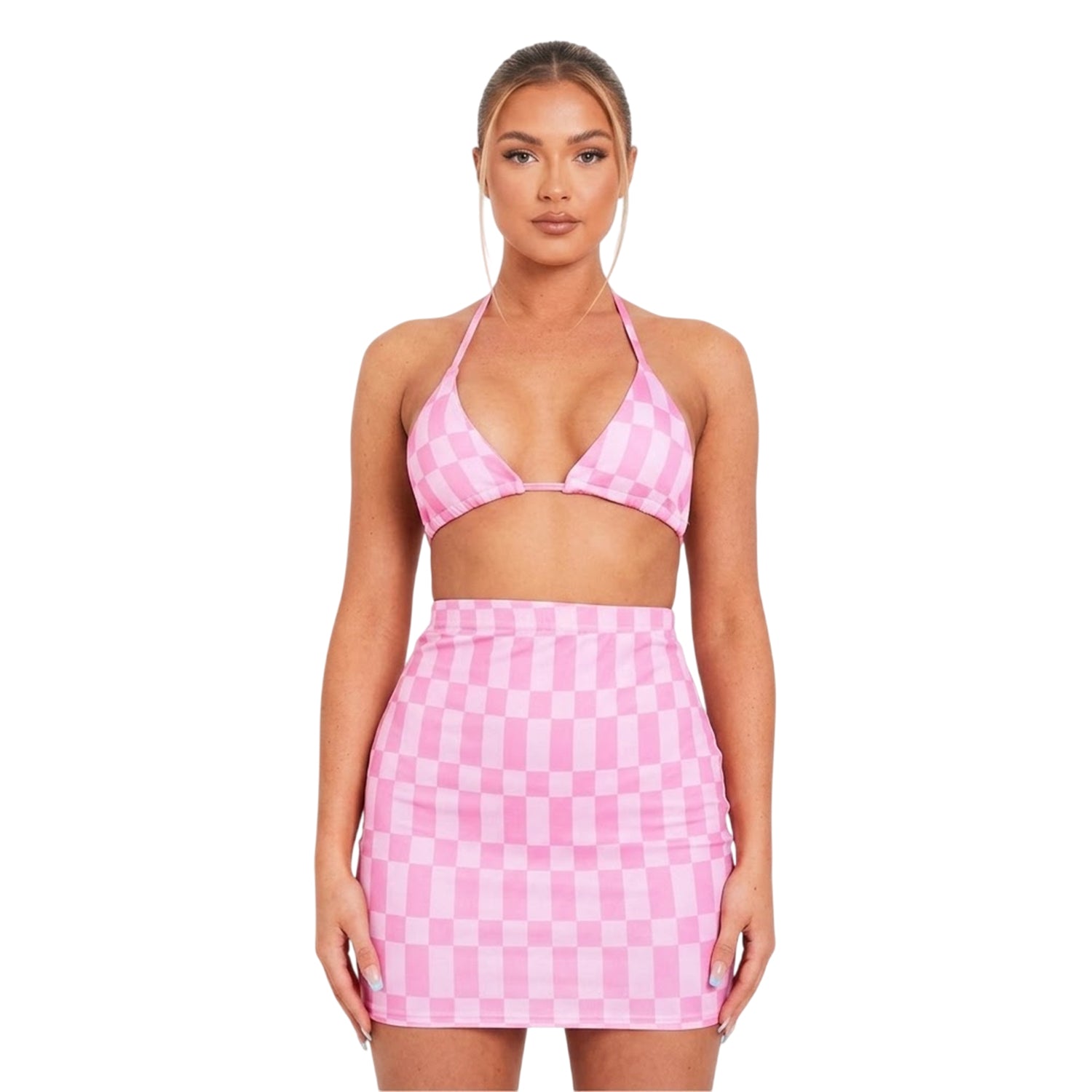 Pink - Front - Missy Empire Womens-Ladies Checkerboard Fitted Mini Skirt