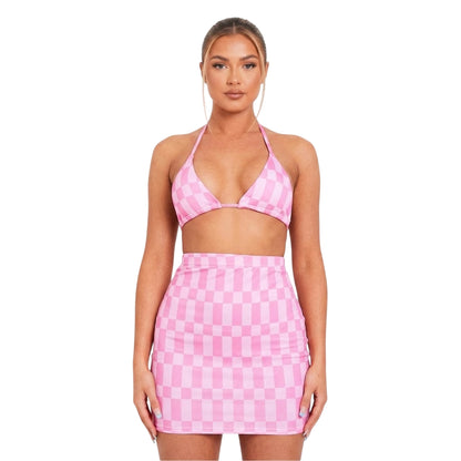 Pink - Front - Missy Empire Womens-Ladies Checkerboard Fitted Mini Skirt
