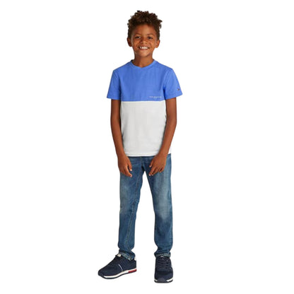 Blue-White - Side - Tommy Hilfiger Childrens-Kids Colour Block Logo Regular T-Shirt