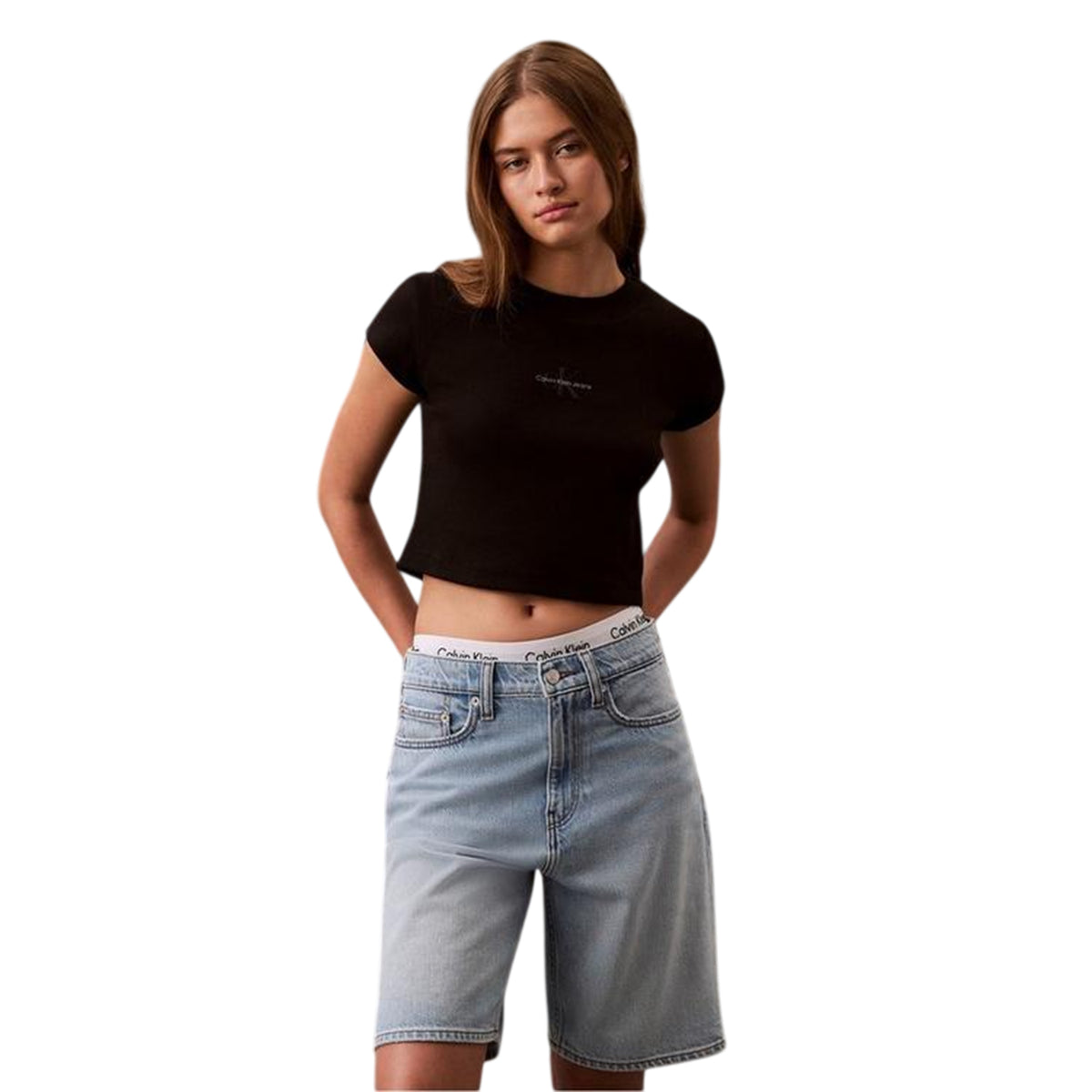 Black - Back - Calvin Klein Womens-Ladies Mono Logo Ribbed Crop Top