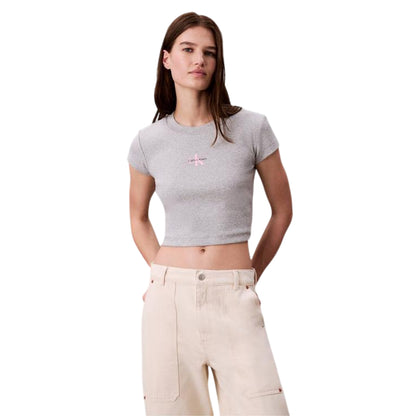 Grey Heather - Side - Calvin Klein Womens-Ladies Mono Logo Ribbed Crop Top