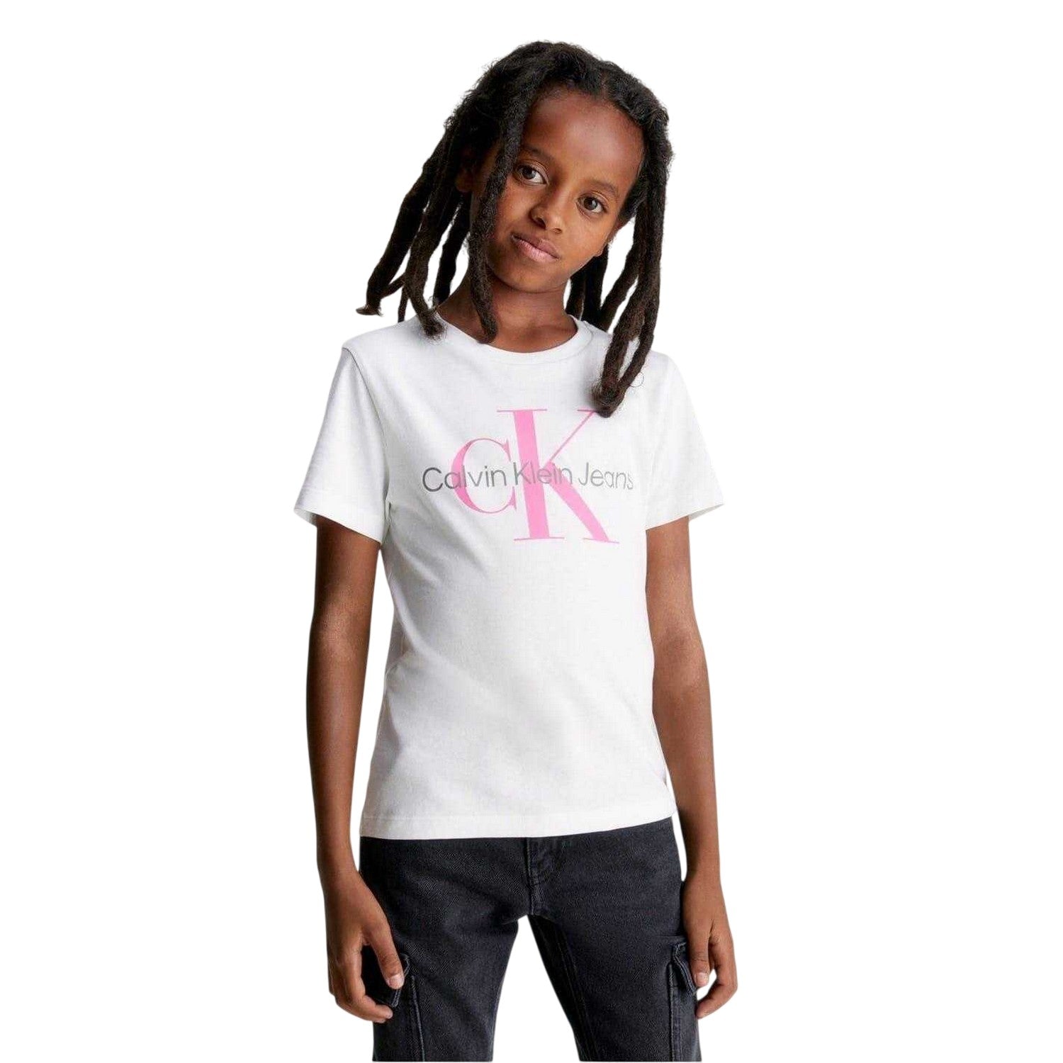 Bright White - Side - Calvin Klein Childrens-Kids Monogram Cotton T-Shirt