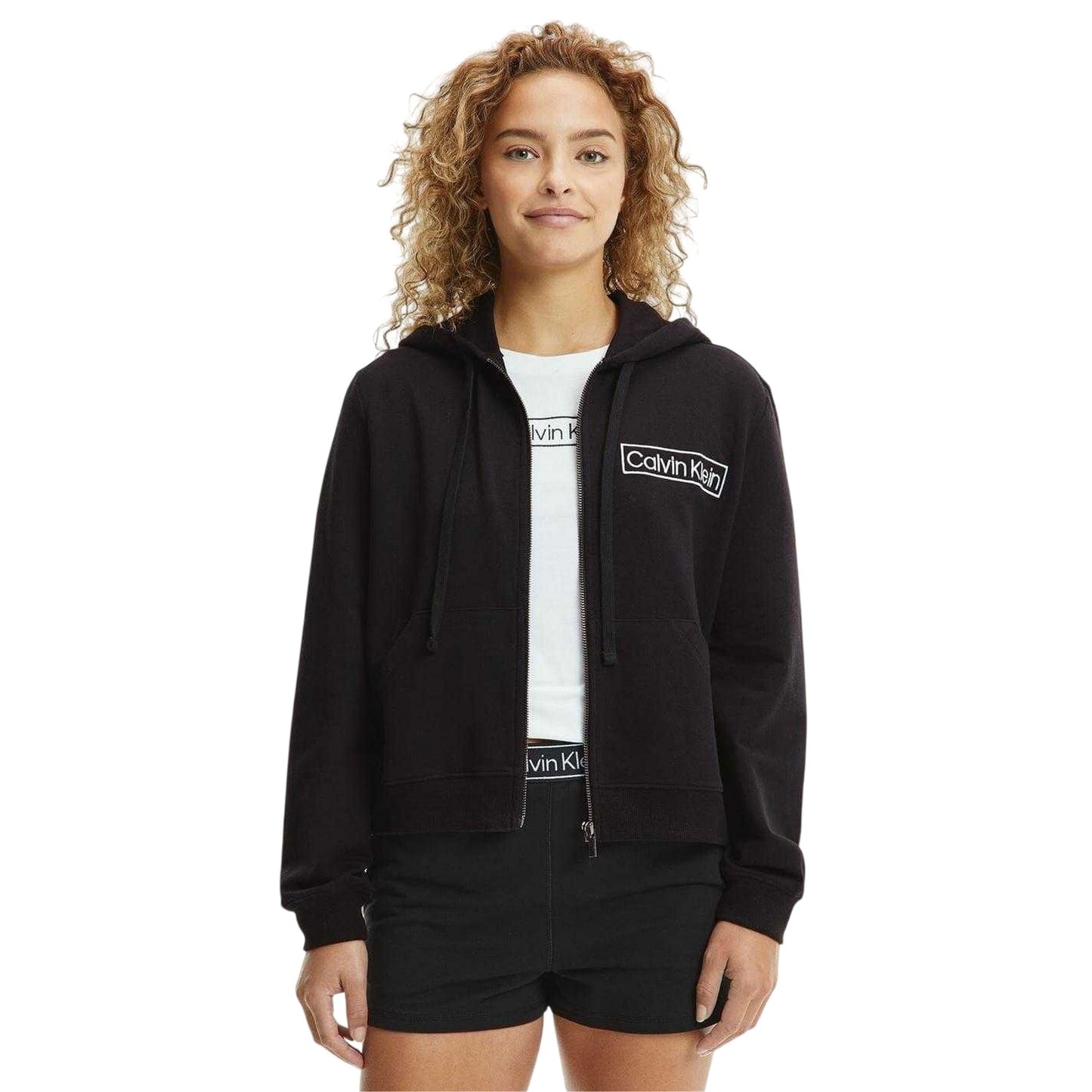 Black - Side - Calvin Klein Womens-Ladies Logo Cotton Long-Sleeved Full Zip Hoodie