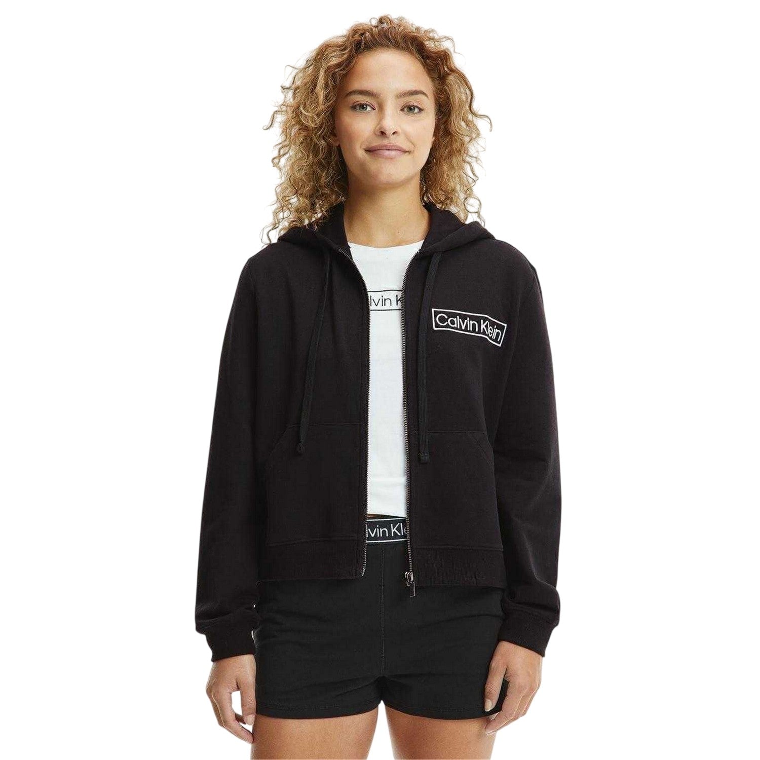 Black - Side - Calvin Klein Womens-Ladies Logo Cotton Long-Sleeved Full Zip Hoodie