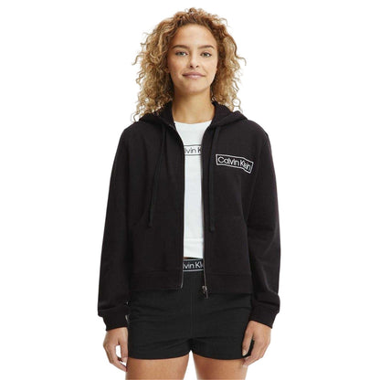 Black - Side - Calvin Klein Womens-Ladies Logo Cotton Long-Sleeved Full Zip Hoodie