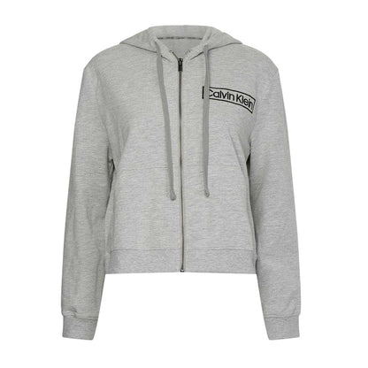 Grey Marl - Front - Calvin Klein Womens-Ladies Logo Cotton Long-Sleeved Full Zip Hoodie