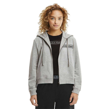 Grey Marl - Side - Calvin Klein Womens-Ladies Logo Cotton Long-Sleeved Full Zip Hoodie