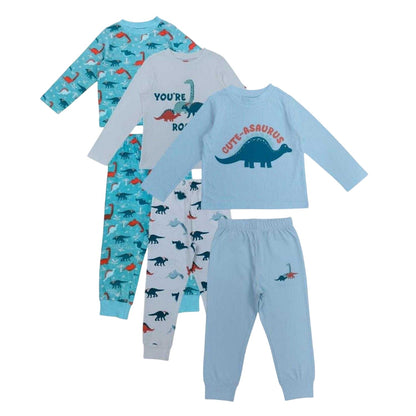 Multicoloured - Front - Star Childrens-Kids Dinosaur Long Pyjama Set (Pack of 3)