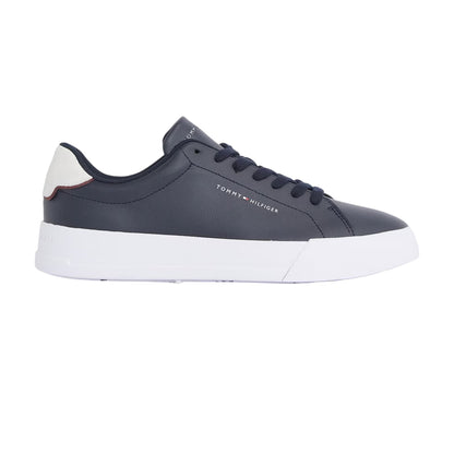 Navy-White - Front - Tommy Hilfiger Mens Pebble Grain Court Leather Trainers
