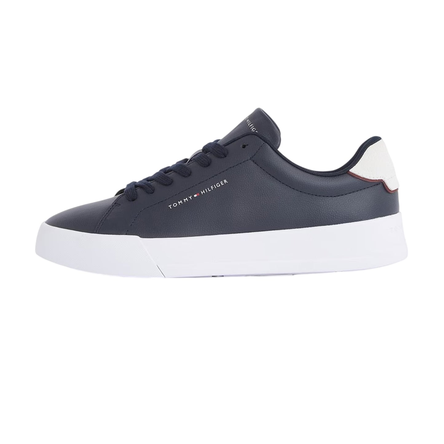 Navy-White - Side - Tommy Hilfiger Mens Pebble Grain Court Leather Trainers