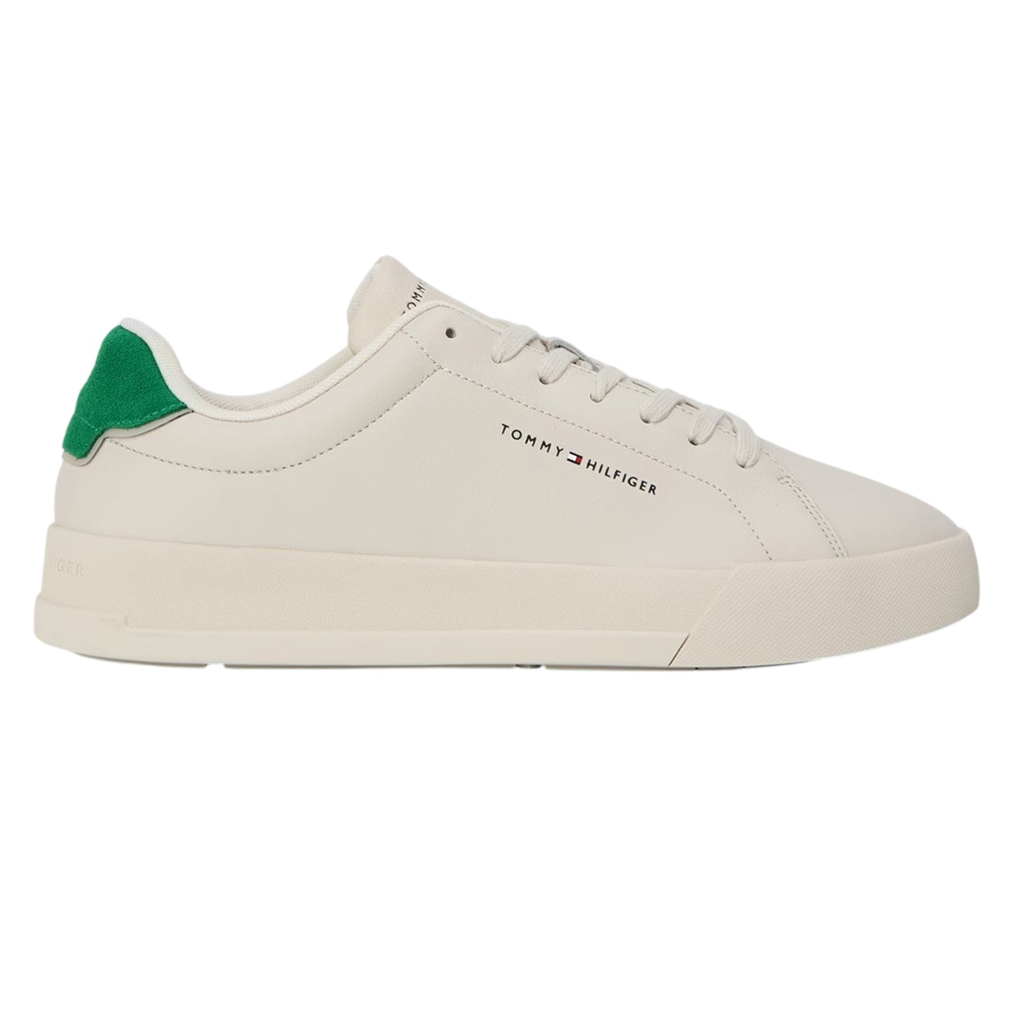 Off White-Green - Front - Tommy Hilfiger Mens Pebble Grain Court Leather Trainers