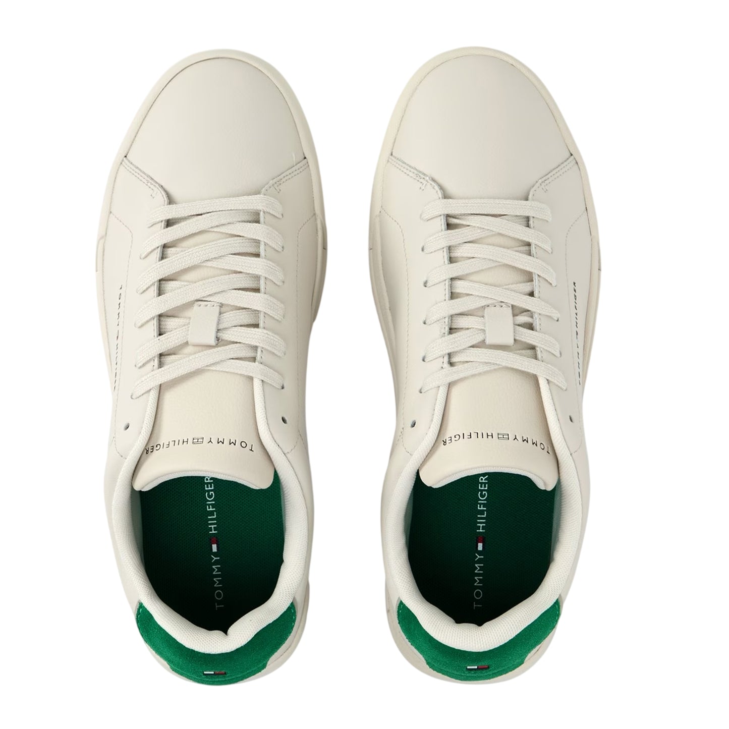Off White-Green - Side - Tommy Hilfiger Mens Pebble Grain Court Leather Trainers