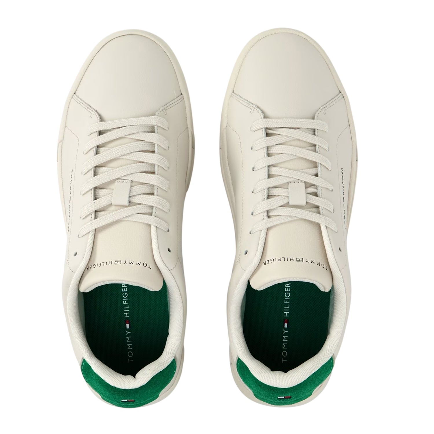 Off White-Green - Side - Tommy Hilfiger Mens Pebble Grain Court Leather Trainers