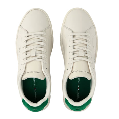 Off White-Green - Side - Tommy Hilfiger Mens Pebble Grain Court Leather Trainers