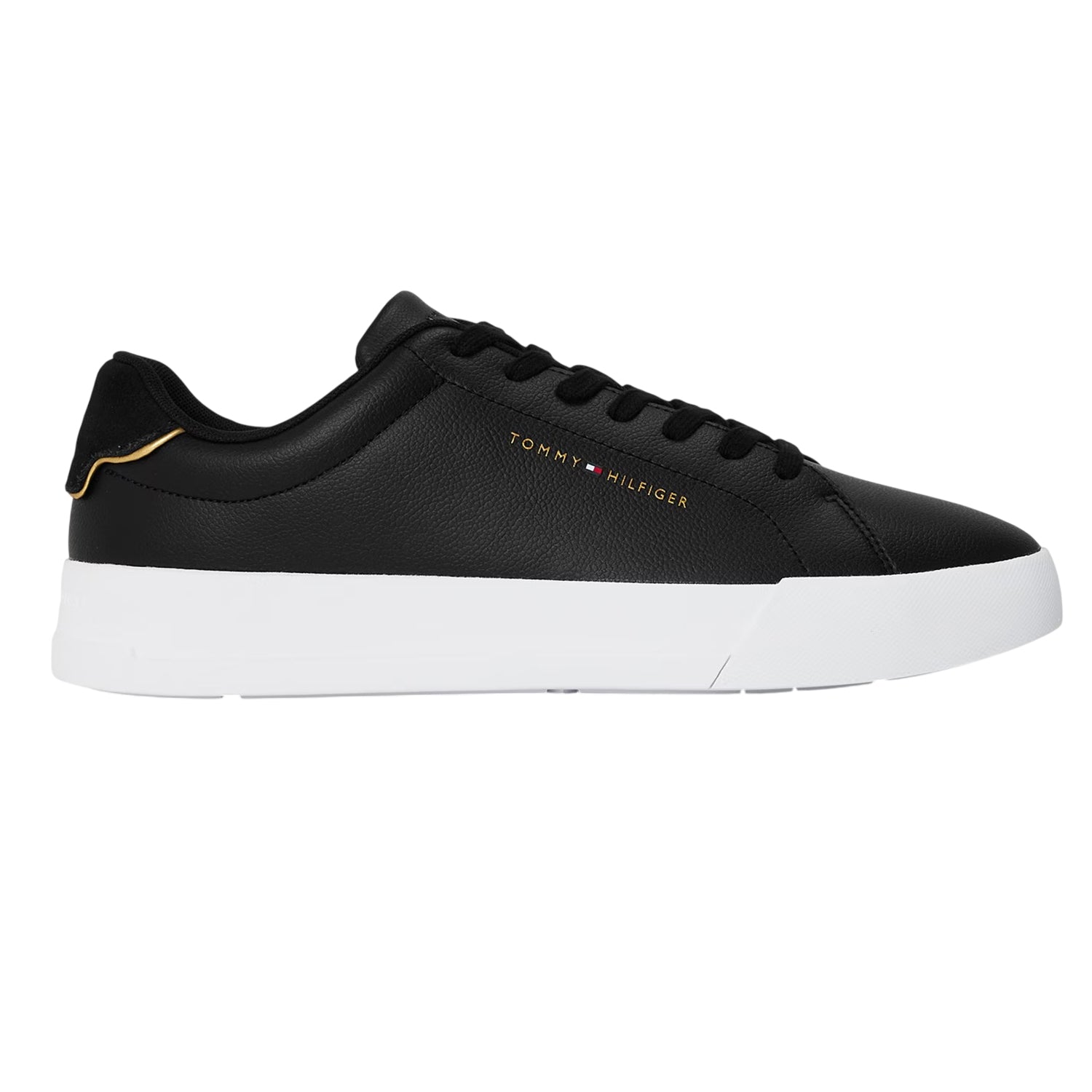 Black-Gold - Front - Tommy Hilfiger Mens Pebble Grain Court Leather Trainers