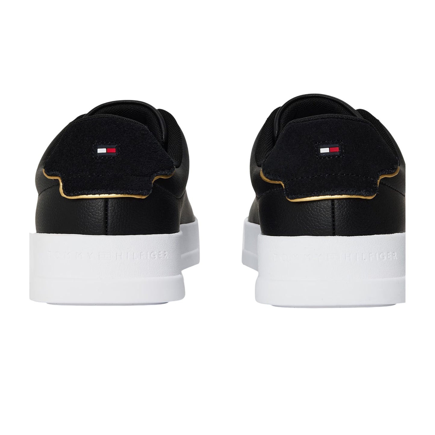 Black-Gold - Back - Tommy Hilfiger Mens Pebble Grain Court Leather Trainers