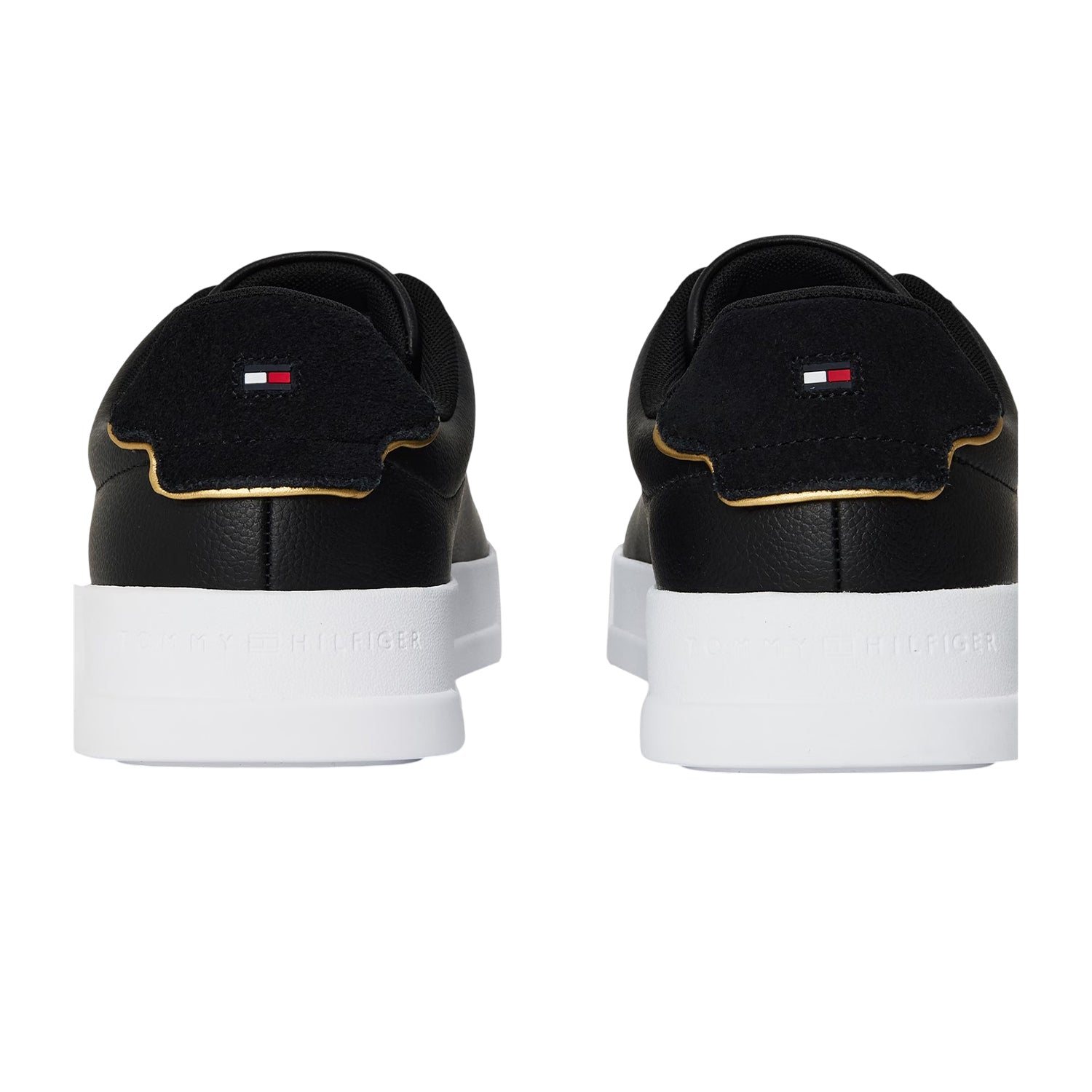 Black-Gold - Back - Tommy Hilfiger Mens Pebble Grain Court Leather Trainers