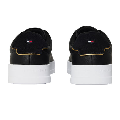 Black-Gold - Back - Tommy Hilfiger Mens Pebble Grain Court Leather Trainers