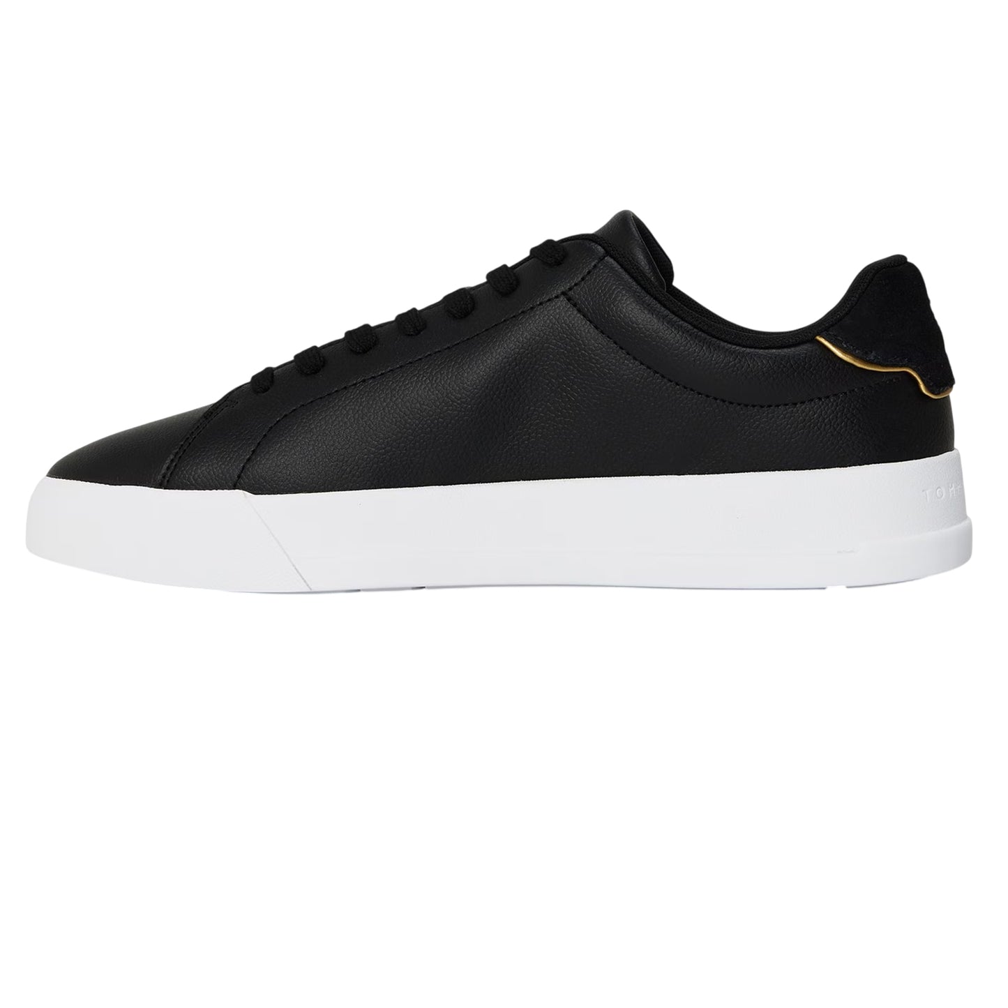 Black-Gold - Side - Tommy Hilfiger Mens Pebble Grain Court Leather Trainers