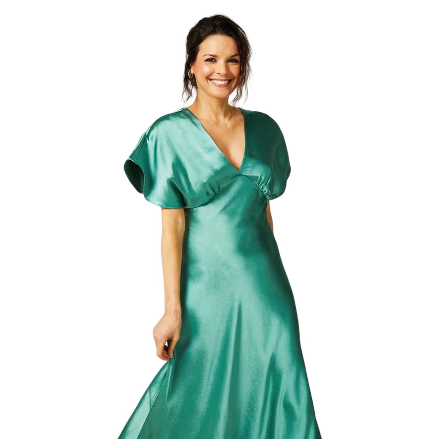 Mint - Side - Biba Womens-Ladies Satin Fitted Angel Sleeve Maxi Dress