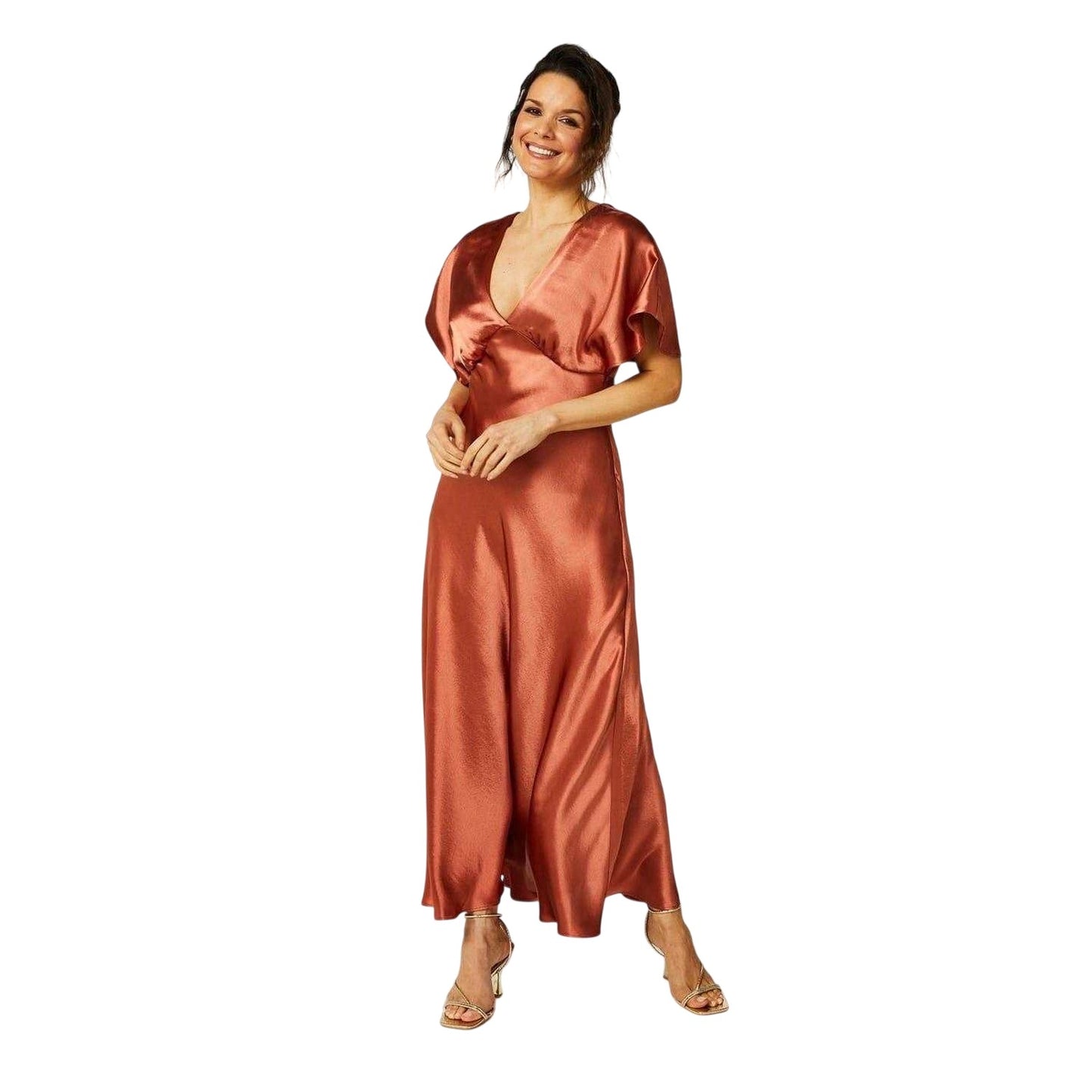 Rust - Front - Biba Womens-Ladies Satin Fitted Angel Sleeve Maxi Dress