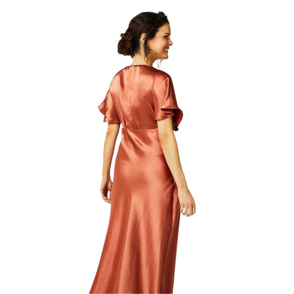 Rust - Back - Biba Womens-Ladies Satin Fitted Angel Sleeve Maxi Dress